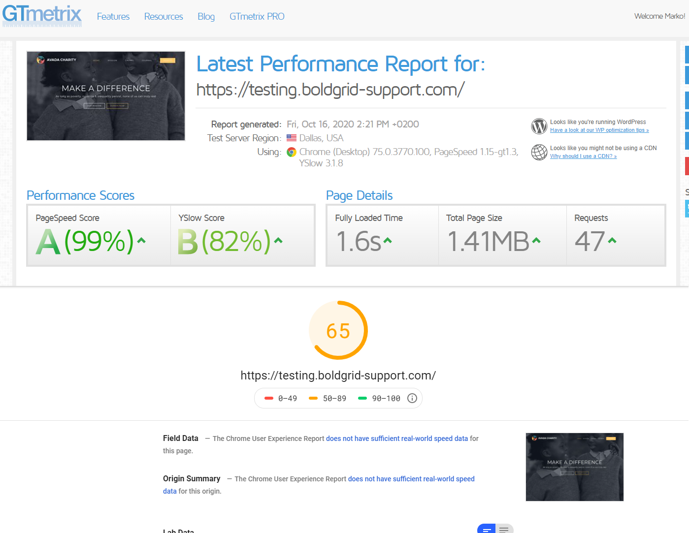 Performance Testing using GTMetrix – Avada Website Builder