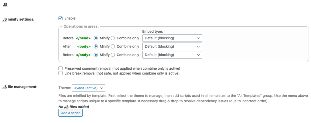 JS Minify Settings