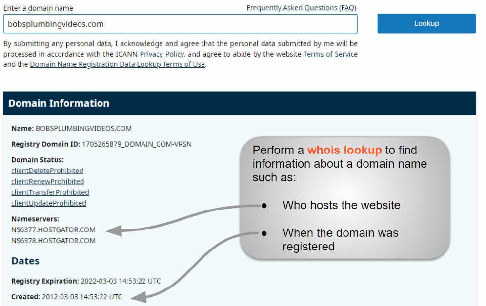 A screenshot of a sample whois