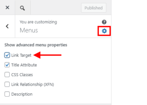 customizer advanced menu properties link target