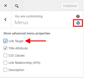 customizer menus advanced properties link target