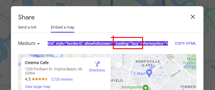 Screenshot showing google map embed with lazy load feature