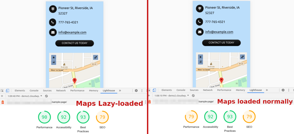 Lazy Loading a map increases Lighthouse score from 79 to 90 on a sample page