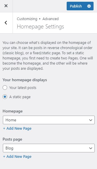 Set static homepage in Customizer