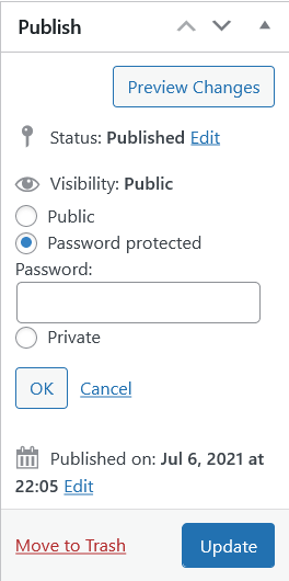 WordPress Password Protected Page Settings