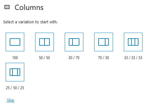 WordPress column block options