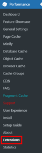 w3 total cache extension menu item in wordpress admin