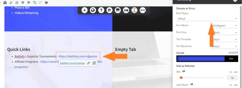 change the font of the hyperlinks in BoldGrid Post and Page Builder