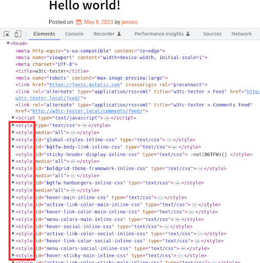 page source html view showing all of the css style files loaded in the website head section.