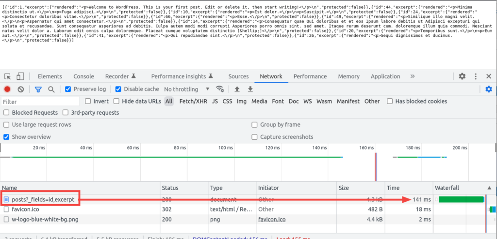 posts page query string loaded in the network tab of the browser developer tools