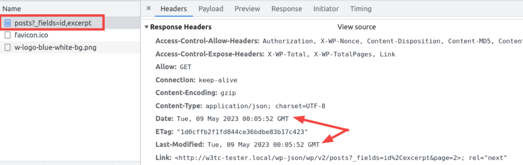 response headers from queried page before caching enabled showing that the date and last-modified timestamp are the same