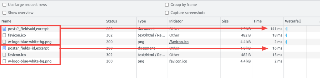 load time comparison of the page document showing that cached content loads much faster