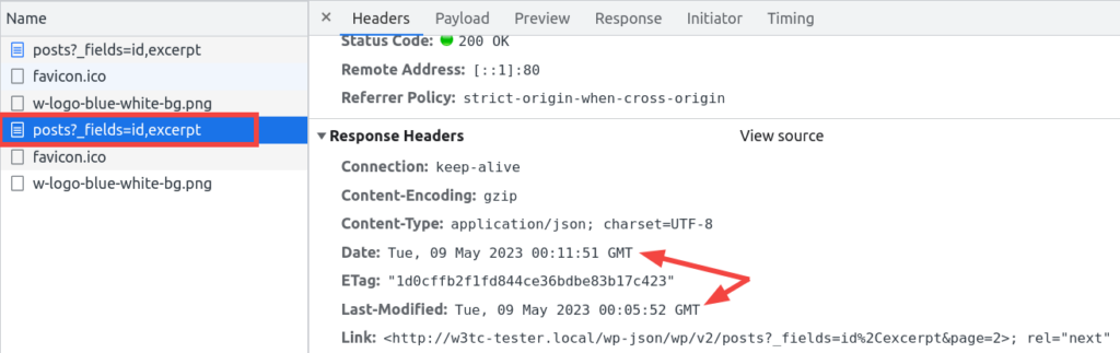 response headers from queried page after enabling caching to show that the date and last-modified timestamp are now different