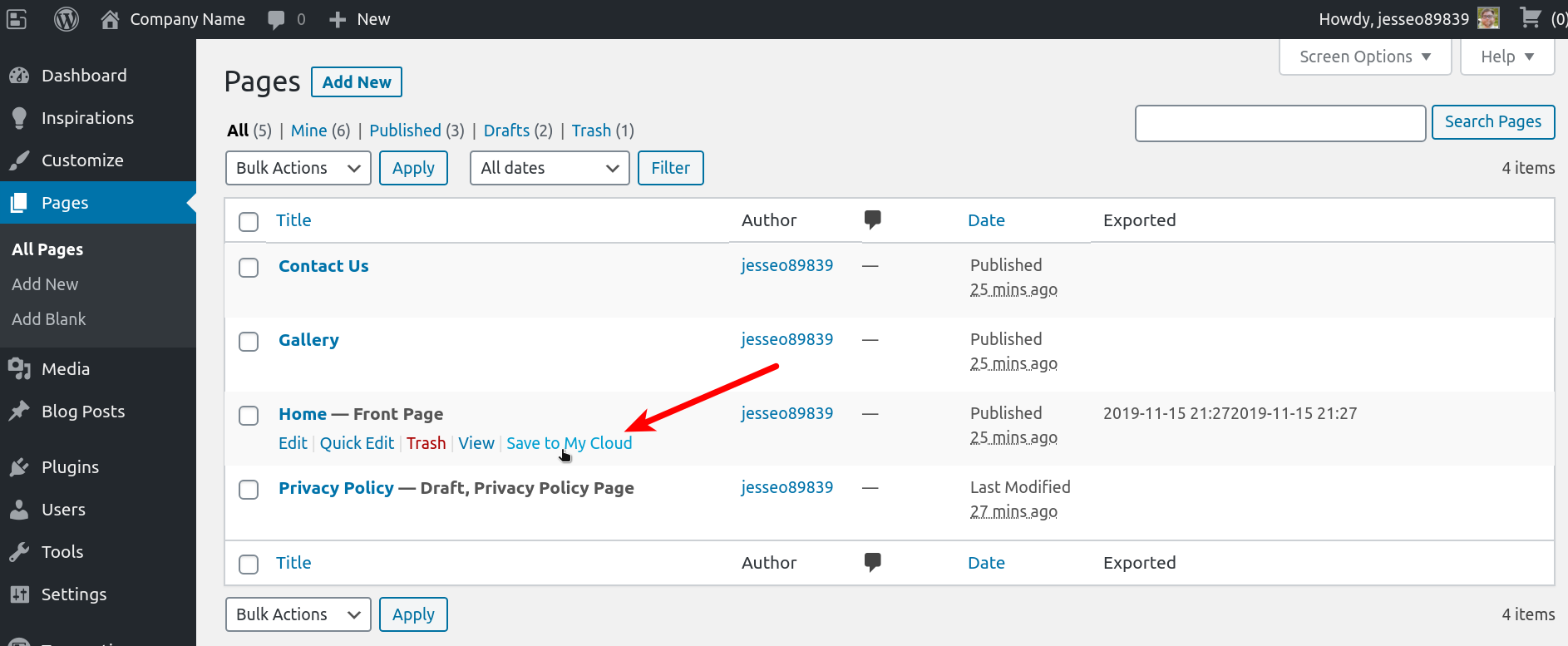 Showing how to save a page to the Page Builder Cloud Library
