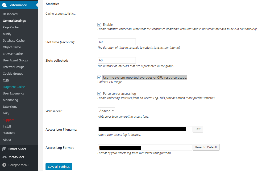 A screenshot of the Statistics section of the General Settings Menu.