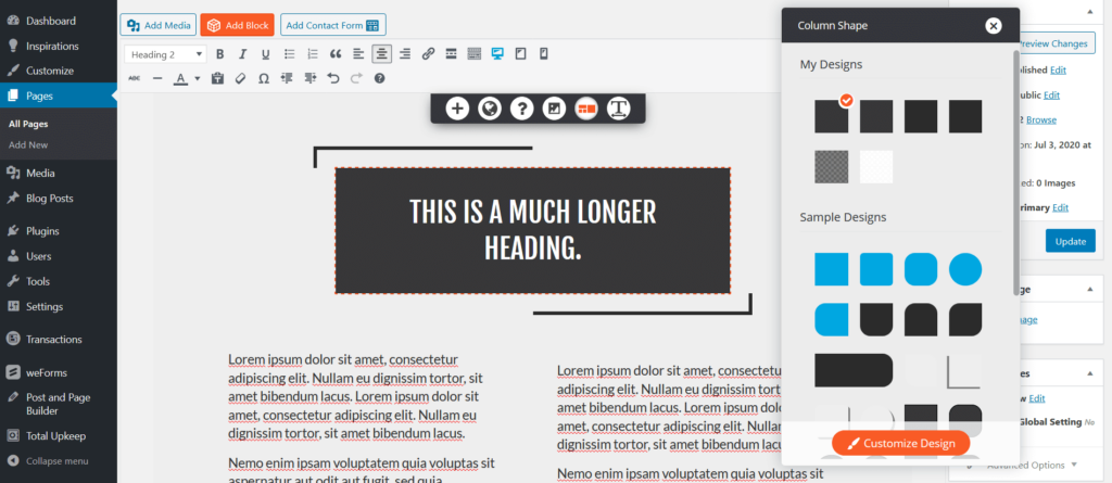 column shape in the post and page builder
