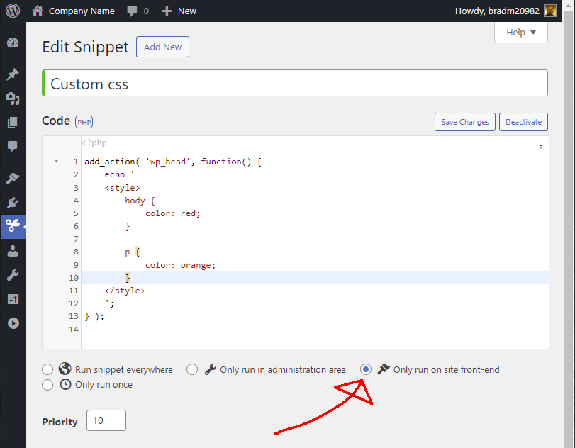 A screenshot showing our custom php snippet to add css to the head.